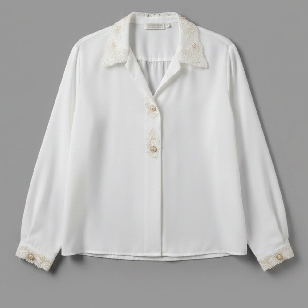 Impressions of California Vintage White Lace Pearl Button Blouse, Women's Large